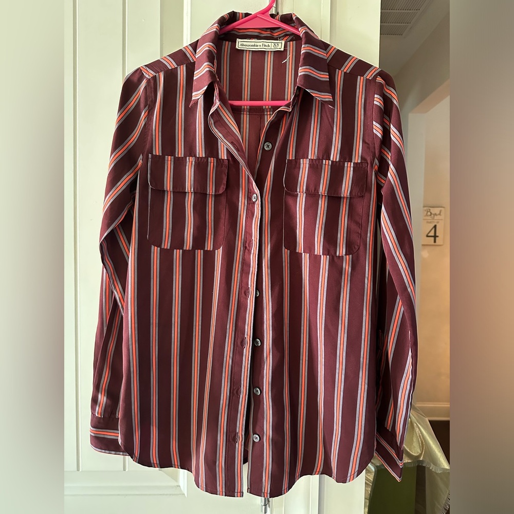 Abercrombie & Fitch Red & Grey Striped Long Sleeve ButtonUp Workwear Shirt Sz XS